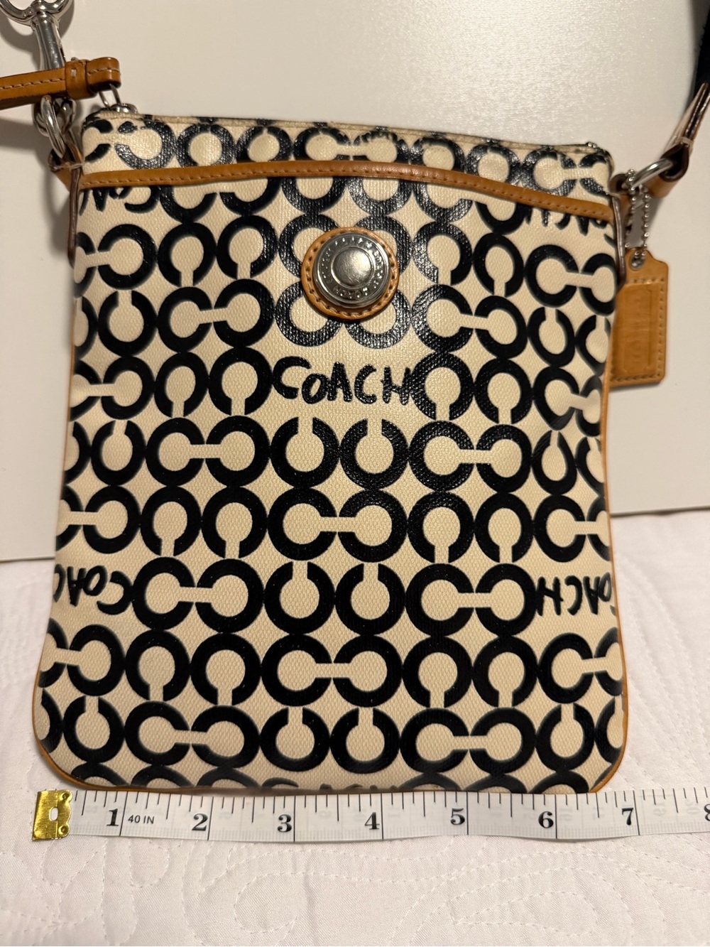 Coach Black & Cream Signature Crossbody with Tan Trim